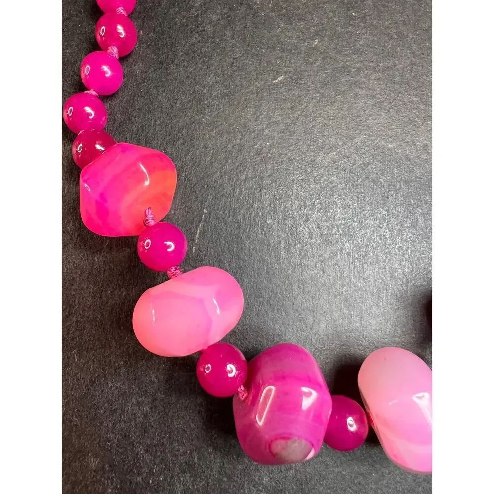 NEW Fuchsia pink dyed agate beaded necklace with sterling silver clasp